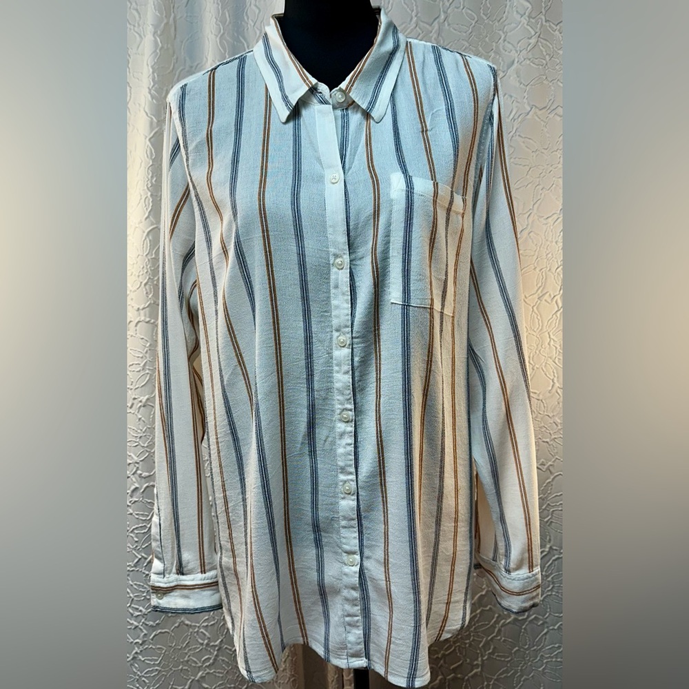 LUCKY Brand- Women’s  White Blue/Brown Striped Button Up Long Sleeve Shirt (L)